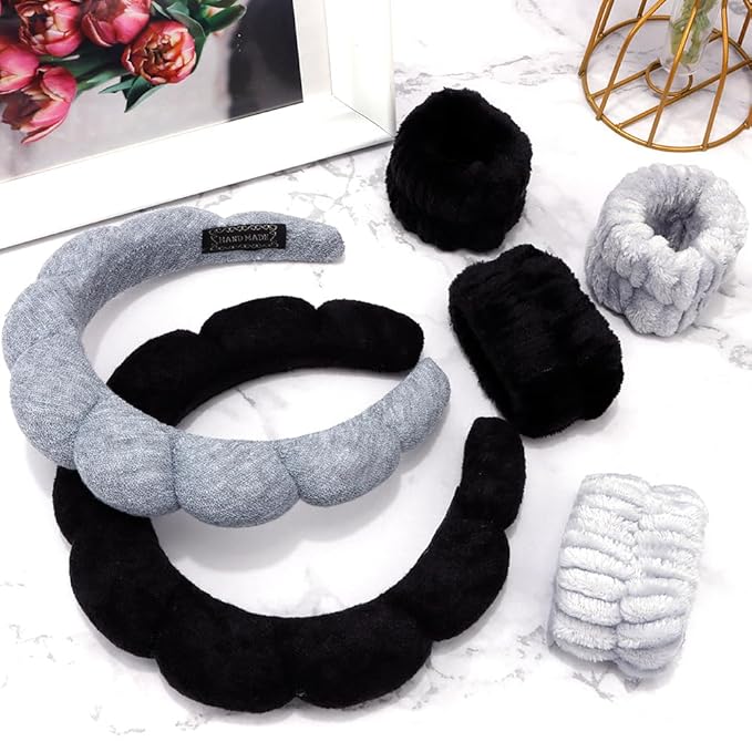 SPA Headbands for Washing Face Makeup Headbands with Bow Hair Band Women Facial Head Band Wrist Towel Wraps For Shower Face Mask Gray Black, 6 Pack