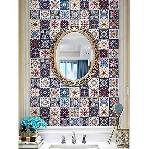 17.7" X118.1"Pattern Contact Paper Removable Peel and Stick Wallpaper Colorful Tile Self Adhesive Wallpaper Vinyl Waterproof Easy to Clean for Cabinets Countertop Kitchen Backsplash Shelf Drawer Liner