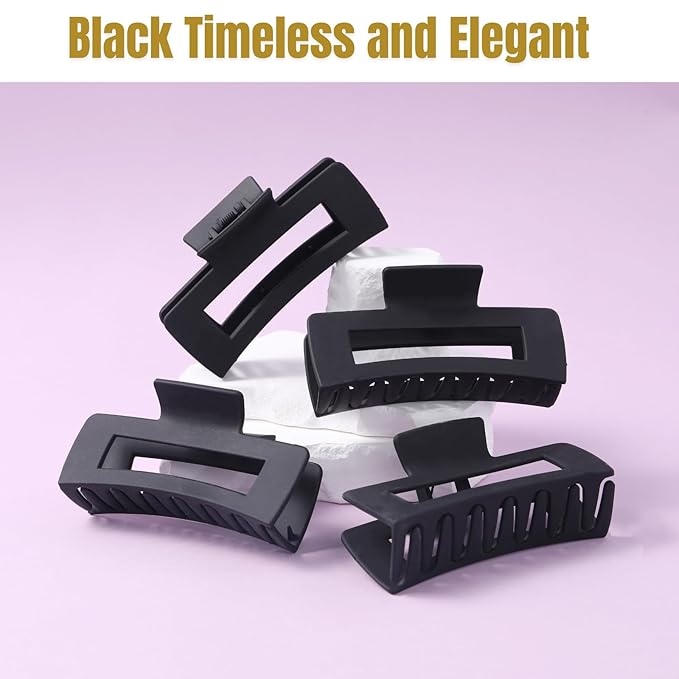 12 Pack Large Black Square Hair Claw Clips for Women, 4.3 Inch Matte Rectangle Claw Clips, Strong Hold & Non-Slip for Thick or Thin Hair