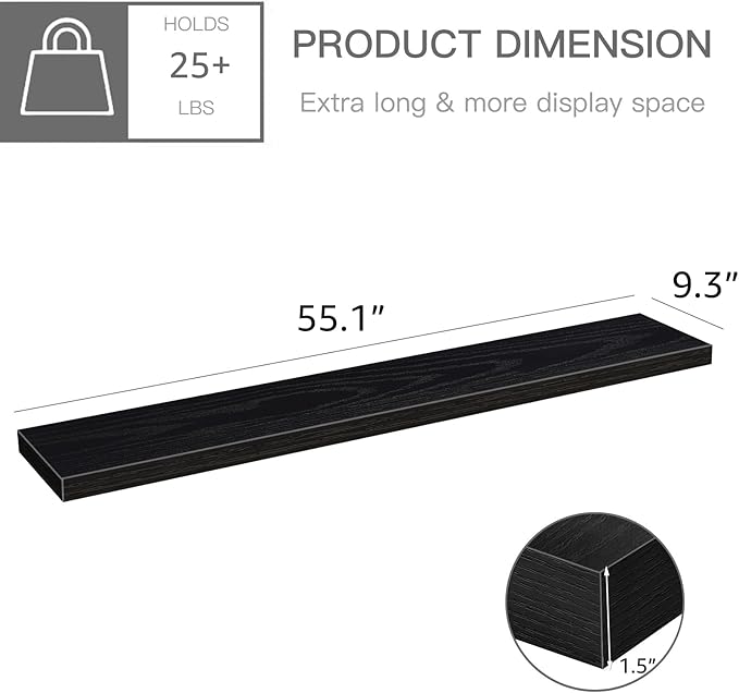 QEEIG Floating Shelves for Wall 55.1" Extra Long - Wall Mounted Shelf Bathroom Kitchen Living Room Bedroom Farmhouse Home Decor Display Bookshelf Large 55.1 x 9.3 inch Set of 2, Black (008-140B)
