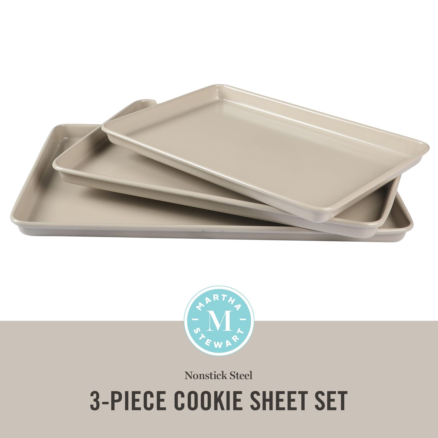 Martha Stewart Gallen 3-Piece Cookie Sheet Set – 13", 15", 17" Baking Pans, Ceramic Nonstick, PFA-Free, Carbon Steel – Oven Safe to 450°F, Warp-Resistant, Easy to Clean - Taupe