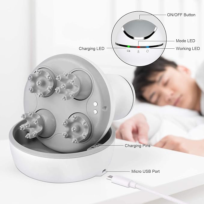 cotsoco Electric Scalp Head & Back Massager, Cordless Hair Massage Waterproof Head Massager with 4 Heads 84 Nodes for Hair Growth, Stress Relief & Deep Clean, Gifts for Men Women, White