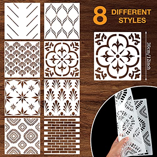 Herringbone Geometric Modern Wall Stencils Pattern Wall Decor Reusable Film Decorative for Painting, Stencils for Walls (Classic Style), 8 Pieces, 12 x 12 Inch