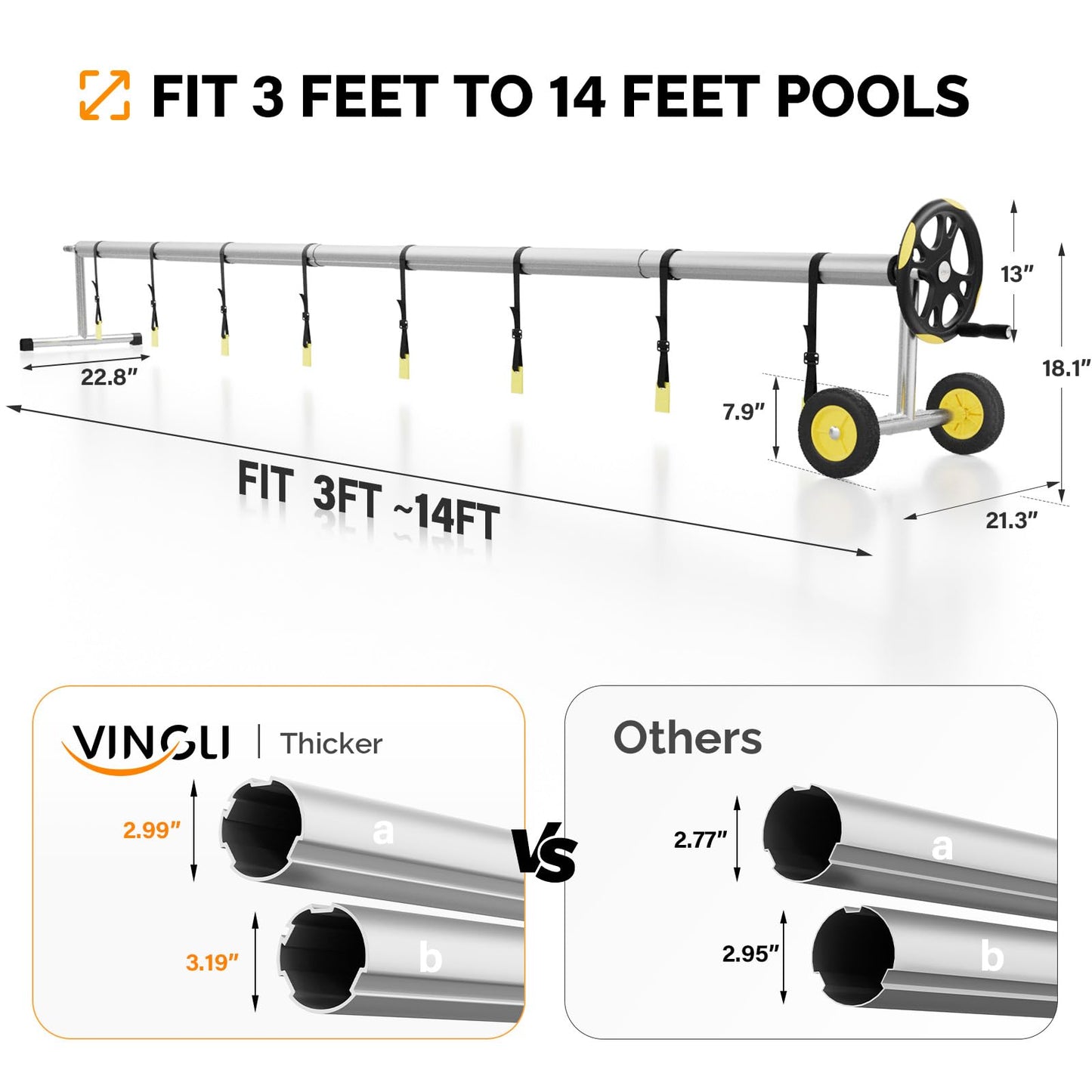 VINGLI Pool Cover Reel Set Pool Solar Cover Reel for Inground Swimming Pool, Aluminum Solar Swimming Inground Cover Blanket Reel (Upgrade) (14 Feet)
