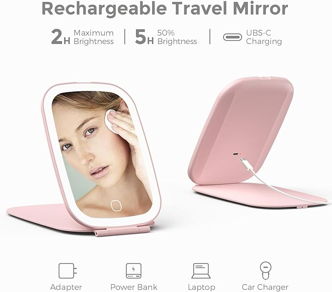 Rechargeable Travel Makeup Mirror with LED Light, 3 Lighting Modes, 7 x 5 Inch Foldable Vanity Mirror for Desk or On The Go, Pink