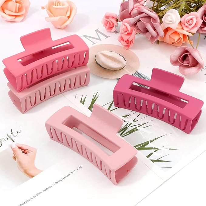 Canitor Pink Hair Clips Set for Women - 4PCS Matte Rectangular Claw Barrettes, Non-Slip Large Clips for Thick Hair, French Design