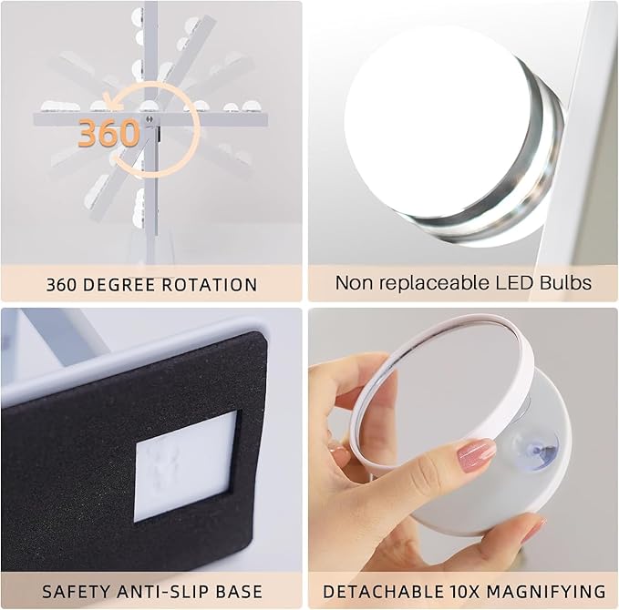 FENCHILIN Lighted Makeup Mirror Hollywood Mirror Vanity Makeup Mirror with Light Smart Touch Control 3Colors Dimmable Light Detachable 10X Magnification 360°Rotation