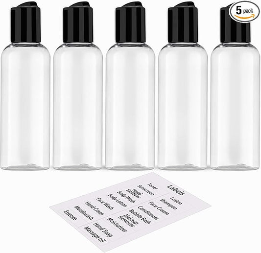 DNSEN 5 Pack 3.4 oz Travel Bottles for Toiletries TSA Approved Leakproof Plastic Empty Travel Size Bottles Containers with Labels