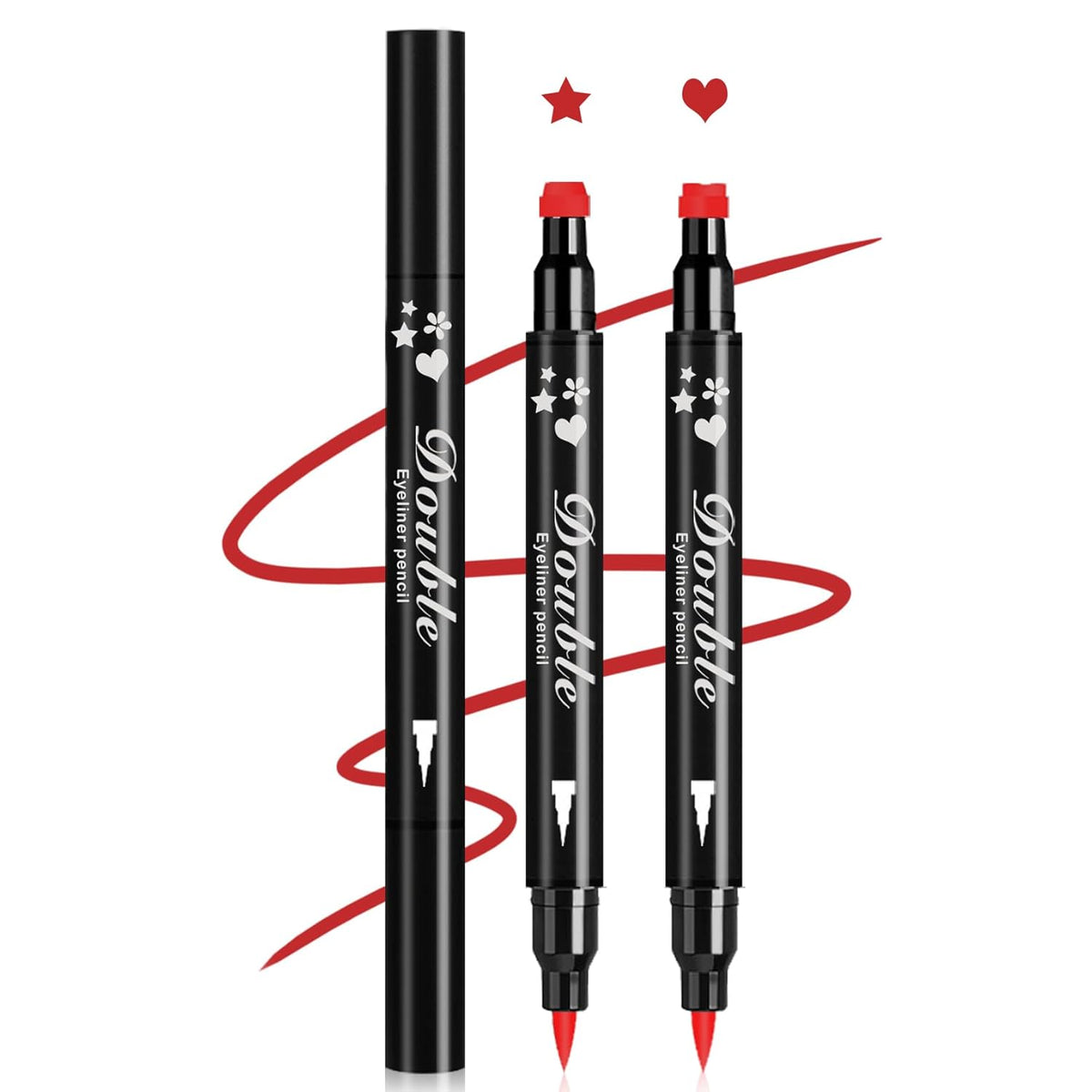 2PCS Double-headed Eyeliner Stamp Pencil Red Liquid Winged Eyeliner Stamp Pen Waterproof Smudgeproof Eye Liner Stamp for Eye Makeup(Star+Heart)
