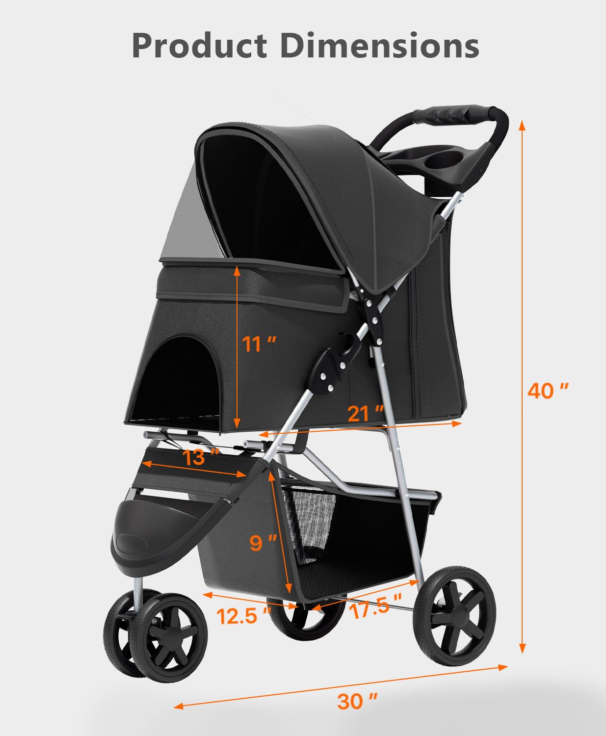 OS MOTOR Pet Stroller with 3 Wheels for Small/Medium Pets, Portable Travel Foldable Carrier Jogger for Dog Cat Puppy Kitty, Rear Wheel Breaks, Storage Basket, Visible Mesh with Weather Cover (Black)