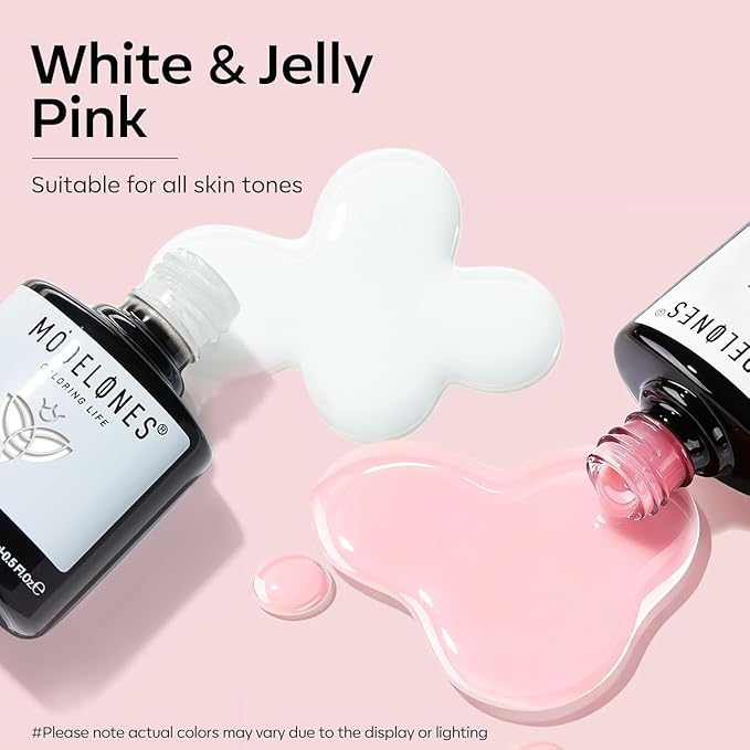 modelones French Manicure Tip Gel Polish Set, 2Pcs 15ML White Nude Pink Gel Nail Polish Jelly Milky Pink White Colors Soak Off U V LED Classic French Nail Kit for DIY at Home Salon for Women