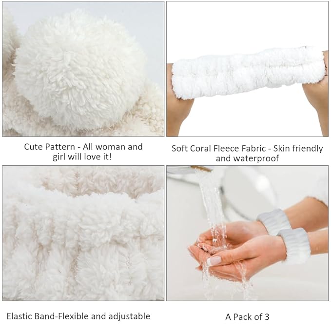 AHONEY Spa Bear Ears Headband Set - Face Wash Headband and Wristband, Fluffy Elastic Hair Band for Women & Girls (White)