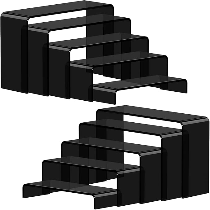 FUNFERY Acrylic Display Risers, 2 Set(7.8" L~8.2" L~8.6" L~9Ã¢ÂÂL~9.3Ã¢ÂÂL) Display Shelf for Figure, Collectibles, Cupcake, 5-Tier Clear Acrylic Stands for Dessert, Jewelry, Candy Showcase