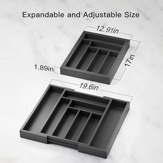 Pipishell Bamboo Expandable Drawer Organizer for Utensils Holder, Adjustable Cutlery Tray, Wood Drawer Dividers Organizer for Silverware, Flatware, Knives in Kitchen, Bedroom, Living Room (Black)