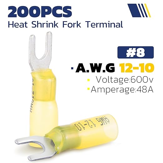haisstronica 120PCS Heat Shrink Fork Spade Connectors #8 Waterproof Marine Grade Fork Terminal Connectors U-Type Yellow 12-10 Gauge