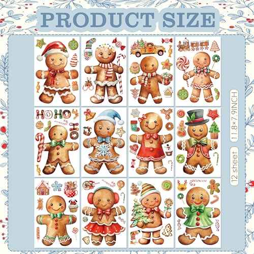 12 Sheets Christmas Gingerbread Wall Stickers Decorations, Xmas Wall Decals Holiday Gingerbread Candy Floor Wall Vinyl Stickers for Living Room Bedroom Home Office Decor
