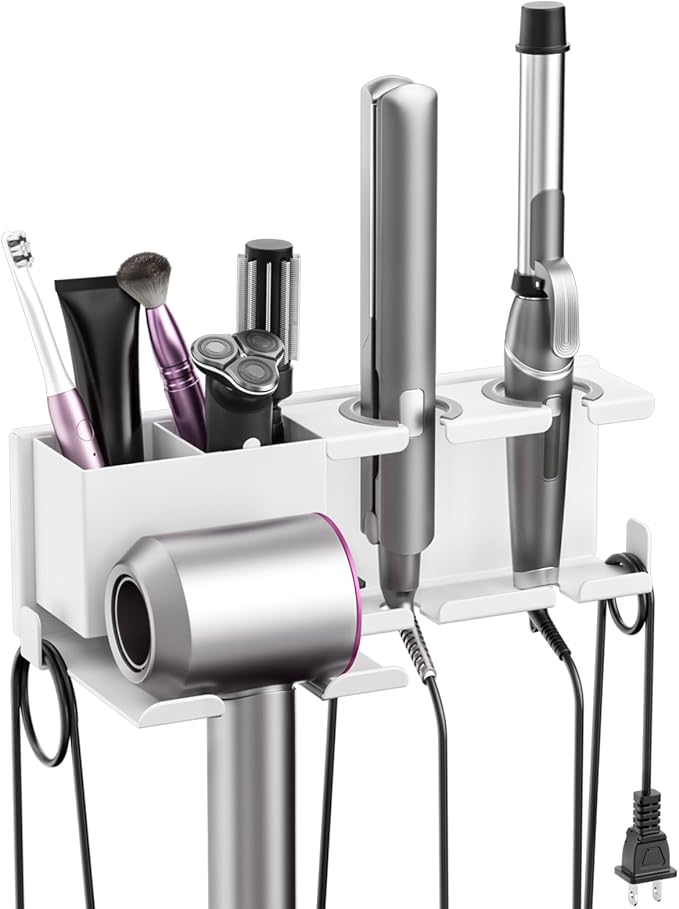 YSD Hair Dryer Holder Wall Mounted, Metal Hair Tools Organizer, Hair Dryer Holder for Blow Dryer, Curling Iron, Straightener, 3 in 1 Bathroom Hair Tool Organizer, White