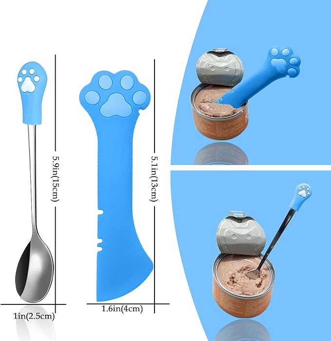 SJANE Cat Food Can Spoons & Can Lids | 4 Pcs | Colorful Multi-Function Cute Paw Shape Opener | Universal Silicone Pet Food Covers | Stainless Steel Wet Food Spatula for Kittens and Dogs(Blue)