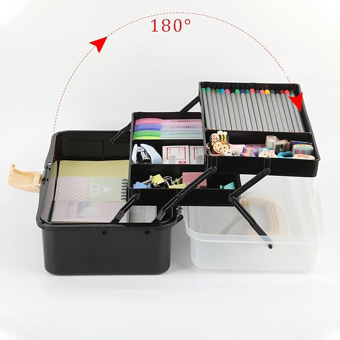 BTSKY 3-Layer Plastic Dividing Storage Box Craft Organizer with Adjustable Spacers Portable Handled Art Supply Organizer Multipurpose Home Utility Box for Sewing (Black+Beige)