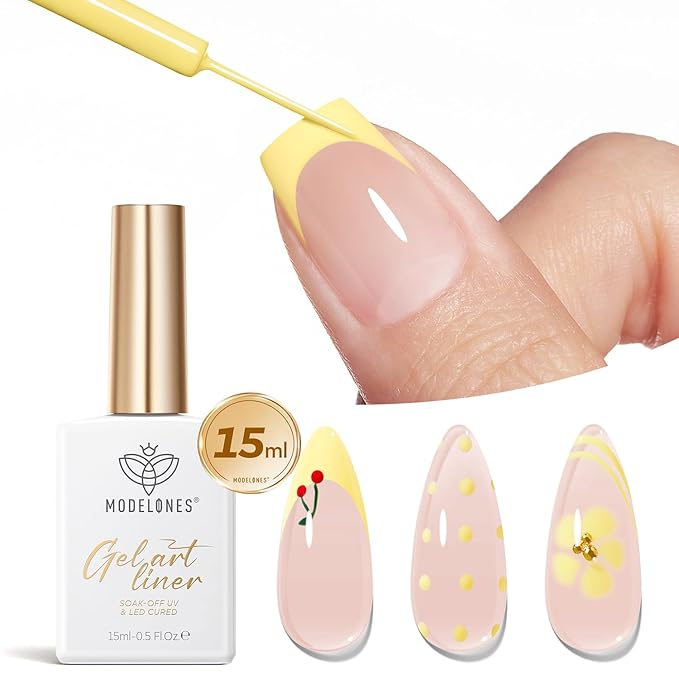 modelones Yellow French Tip Liner Gel Polish, 15 ML Butter Light Yellow Pastel Color Nail Art Paint Swirl with Fine Line Brush Soak Off U V DIY Home Salon Professional Manicure Design Gift for Women