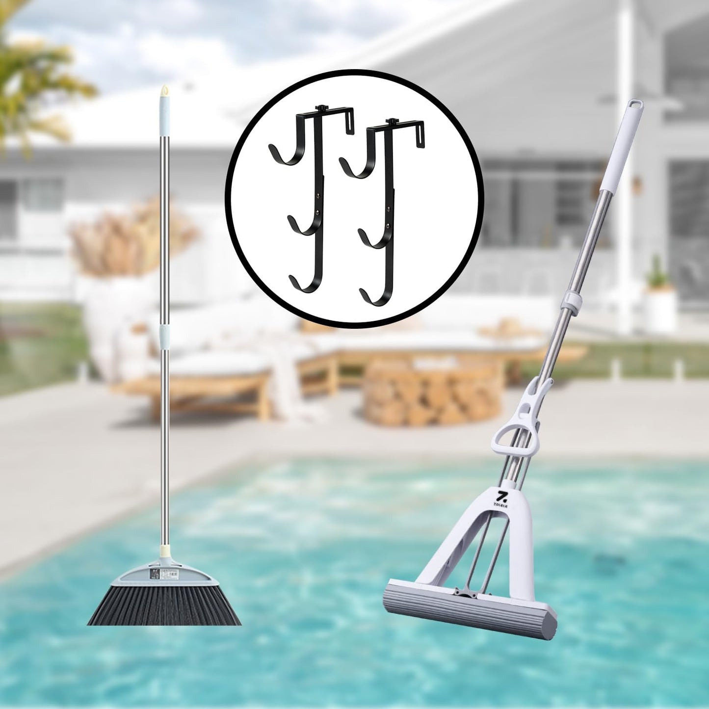 ECcandiedhaws 2Pcs Black Pool Pole Hangers, Adjustable Heavy Duty Swimming Pool Fence Hooks for Pool Equipment, Skimmers, Leaf Rakes, Nets, Brushes, Vacuum Hose, Garden Tool Organizer