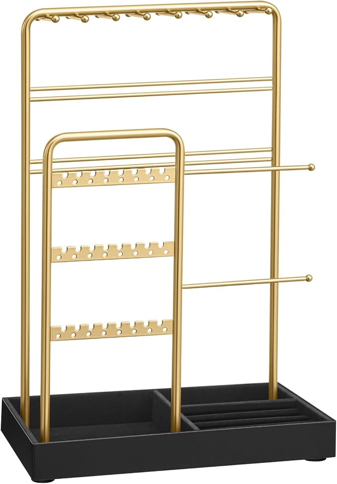 SONGMICS Jewelry Holder, Jewelry Organizer Display Stand with Metal Frame, Velvet Tray, Necklace Earring Bracelet Holder, for Studs, Rings, Gift Idea, Pale Gold and Ink Black UJJS021AB02