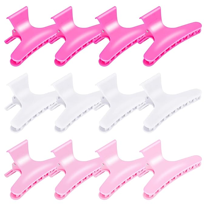 Hair Sectioning Clips, 12 Pack, Pink and White, 3.14 Inch, Plastic Styling Clamps for Salon and Home Use