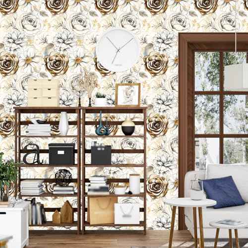 Beige Floral Peel and Stick Wallpaper Vintage Blue Contact Paper Brown Flower Wall Mural Home Vinyl Waterproof Self Adhesive Removable Renter Friendly Wall Paper 17.5" x 118"