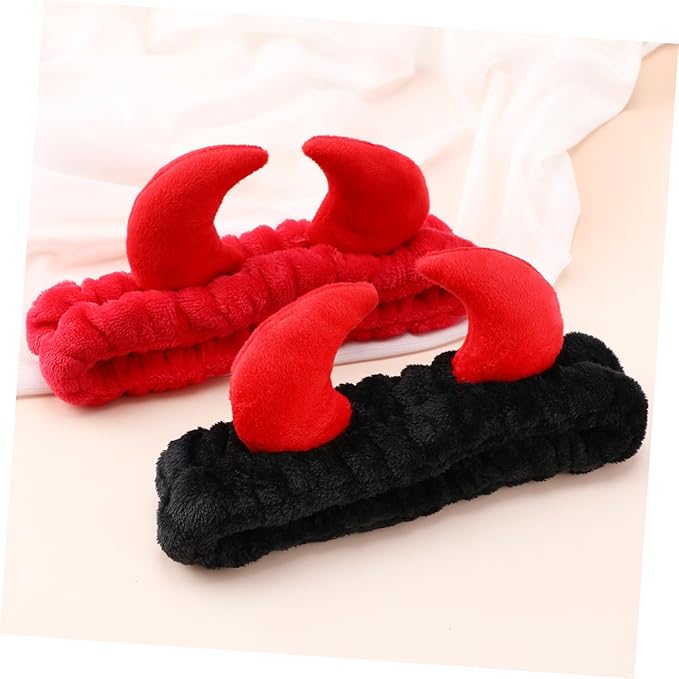 Beaupretty 2 Pack Spa Headband for Women, Devil Horns Facial Headband for Face Wash & Makeup, Soft Hair Band (Black, Red)