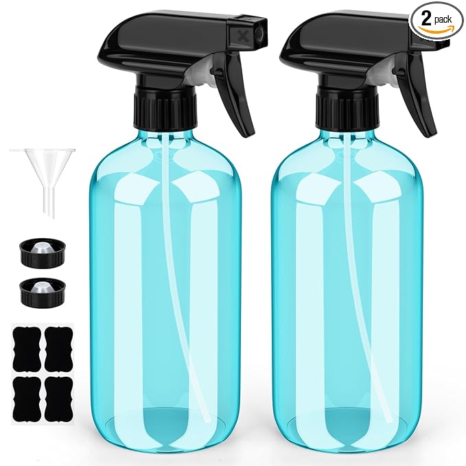 Bontip Glass Spray Bottle, Light Blue Glass Spray Bottle Set & Accessories Refillable for Plants Window Cleaners Aromatherapy Facial hydration Watering Flowers Hair Care (2 Pack/16oz) (Light Blue)