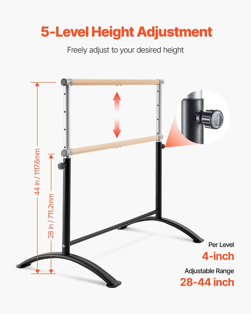 VEVOR Ballet Barre, 4 Ft Barre Bar for Home, Freestanding Portable Ballet Stretching Dance Bars, Height Adjustable Anti-Wobble Fitness Gym Studio Equipment, for Pilates Balance Workout