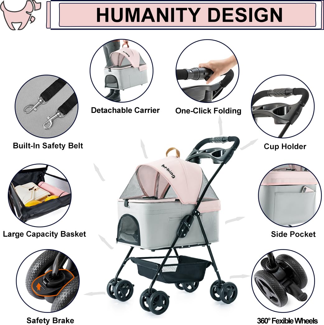 LPOTIUS 3-in-1 Pet Stroller for Small Dogs and Cats, Folding Lightweight Dog Stroller with Detachable Carrier Portable Cat Puppy Jogging Stroller with Cup Holder and Storage Basket, 4 Wheels