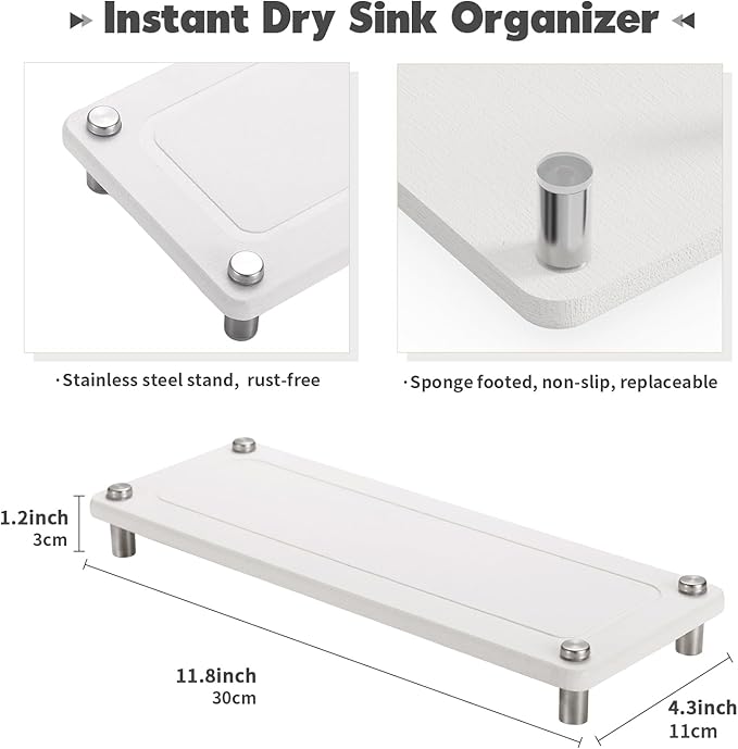 Kitchen Sink Caddy Water Absorbing Stone Tray For Sink, Diatomite Bathroom Countertop Tray Organizer, Faucet Stone Drying Mat Coaster Soap Dish Sponge Dispenser Holder (White)