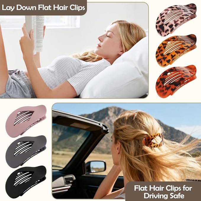 Flat Hair Clips Duckbill Large Claw Clips for Thick Medium Thin Hair 6Pcs French Barrettes Accessories for Women Girls Oval Round Leopard Tortoise Shell Neutral Color
