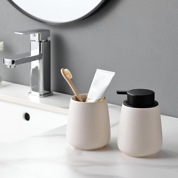 Beige Toothbrush Holder for Bathroom - 2Pcs Ceramic Tooth Brushing Holders Set, Toothbrush Cup & Toothpaste Organizer for Bathroom Countertop, Makeup Brush Holder, Pen Holder for Home Desktop Storage
