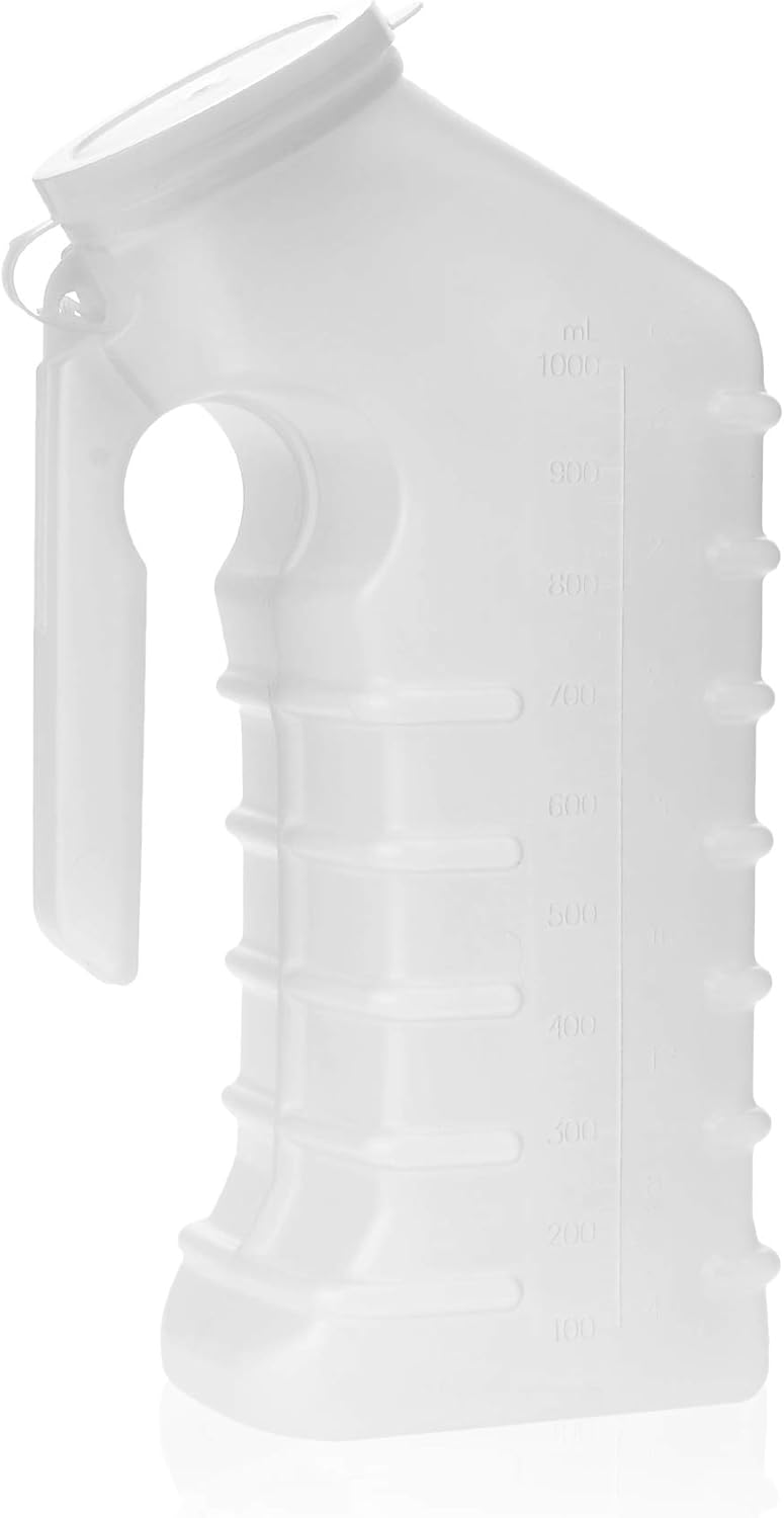 Dealmed Male Urinal with Attached Cover – Portable Urinals for Men with Translucent Receptacle, Shields Odors and Avoids Spills, 1 Ounce Increments Up to 1000 cc