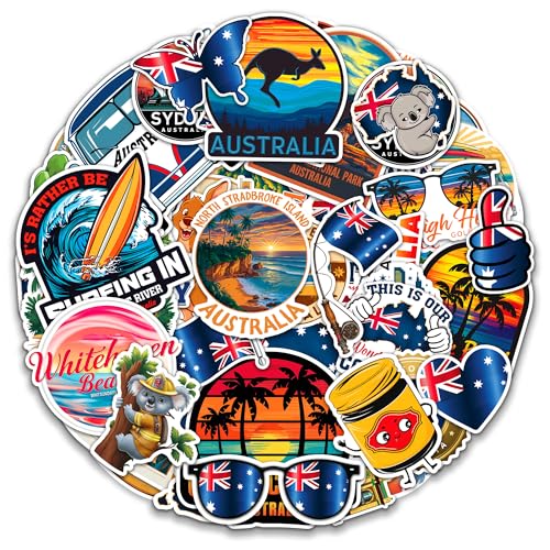 Australia Travel Stickers 50 Pieces Vinyl Waterproof Decal for Laptop Water Bottle Phone Car Window Bike Motorcycle Stakeboard Scrapbook Australian Sticker Gifts