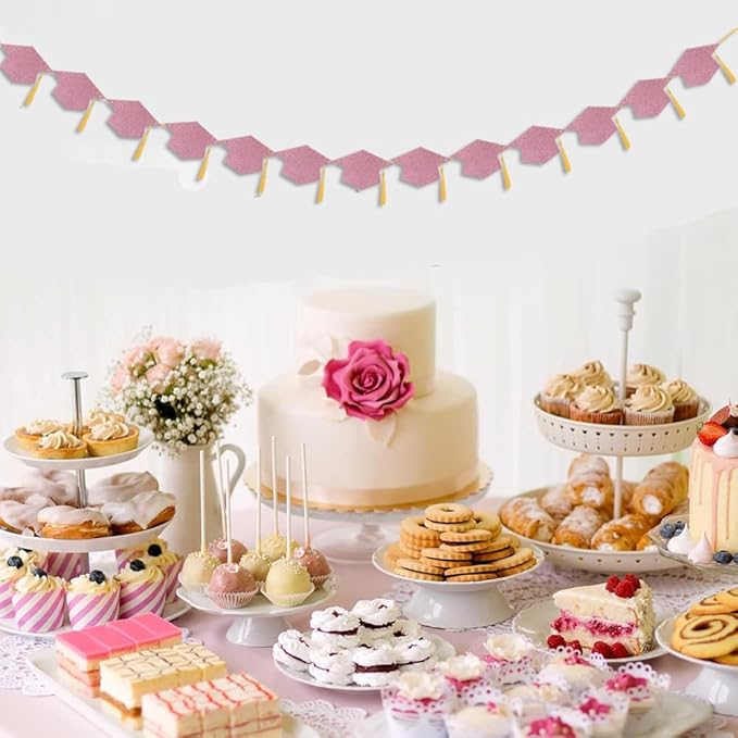 Graduation Decoration Banners 2026 Rose Gold Glitter Graduation Hats with Tassel Banners Garlands Class of 2026 Graduations Party Banners for College High School Graduations Party Decorations