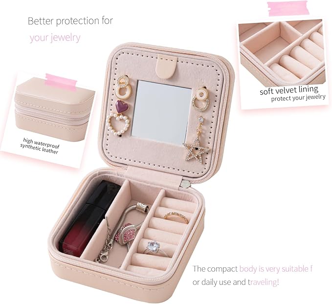 KElofoN Travel jewelry case Travel jewelry box Travel Jewelry Organizer Small Jewelry Organizer Box for Girls Women with Mirror (Pink-5)