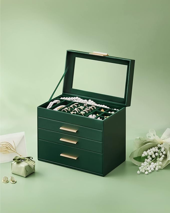 SONGMICS GISELLA Collection - Jewelry Box Organizer, 4-Layer Jewelry Storage with 3 Drawers, Shiny Metal Hardware, Glass Lid, Modern, 6 x 9.9 x 8.5 Inches, Forest Green and Gold Color UJBC161G01