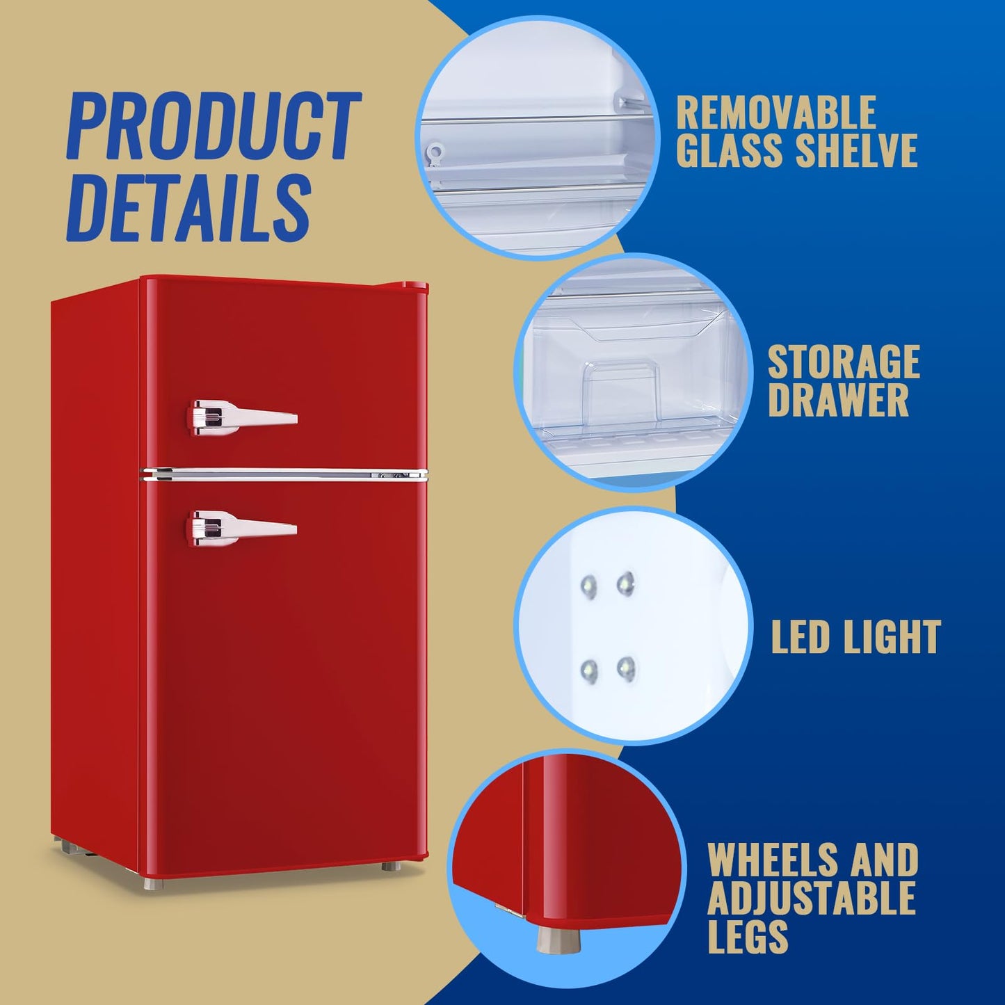 TACOOL 3.5 Cu.ft Refrigerator with Freezer Double Door Red Fridge Adjustable Glass Shelves, Plastic Crisper,7 Level Temperature Control Fridge for Dorm, Office, Apartment