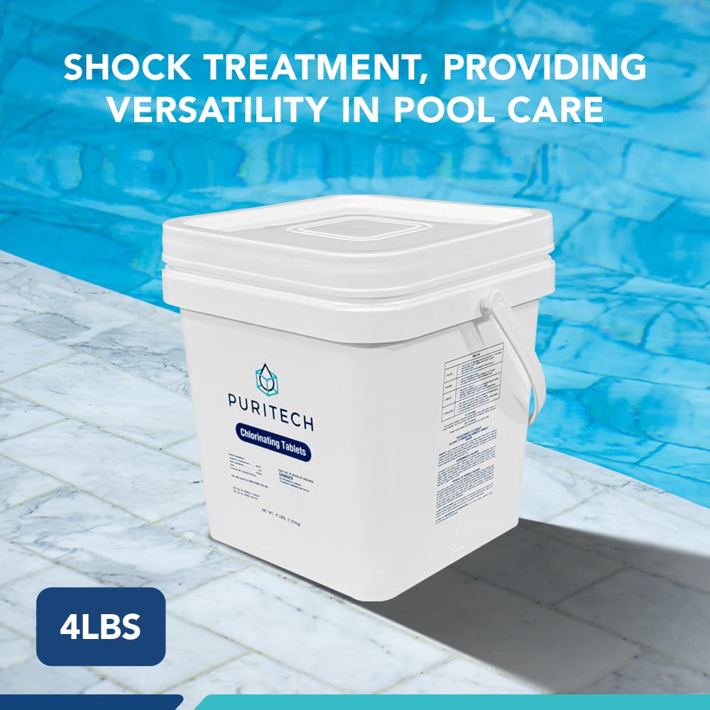 Puri Tech Pool Chemicals 3‑Inch Stabilized Chlorine Tablets for Swimming Pools - Individually Wrapped, Slow‑Dissolving, Long‑Lasting Pool Sanitizer - 90% Available Chlorine - Tri-Chlor - 4 Pounds