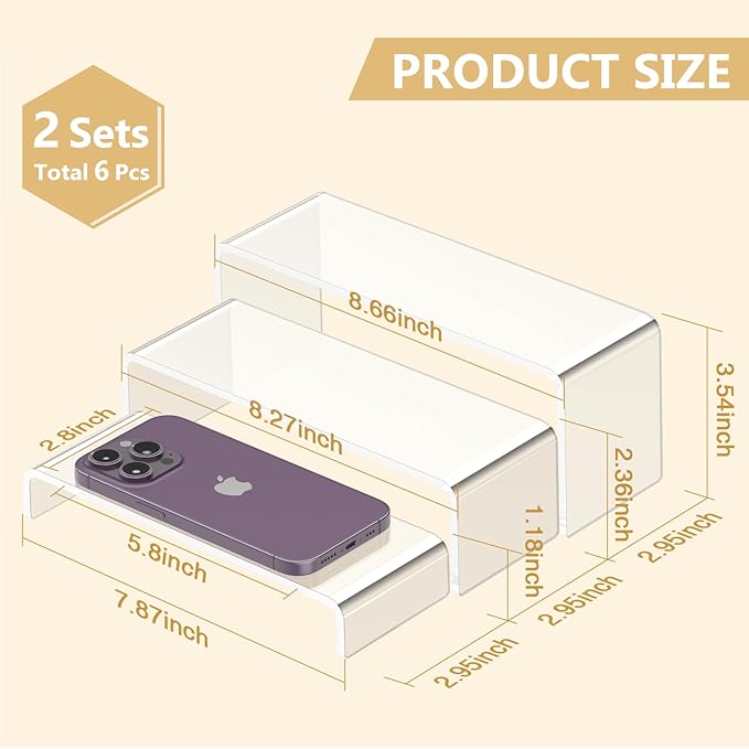 6 Pcs Large Acrylic Display Risers (7" L~8" L), Sturdy Rectangular Dessert Stands, Perfume Shelf Organizer, Clear Riser Stands, Display Shelves for Cupcake, Perfume, Figure, Collection, Decoration.