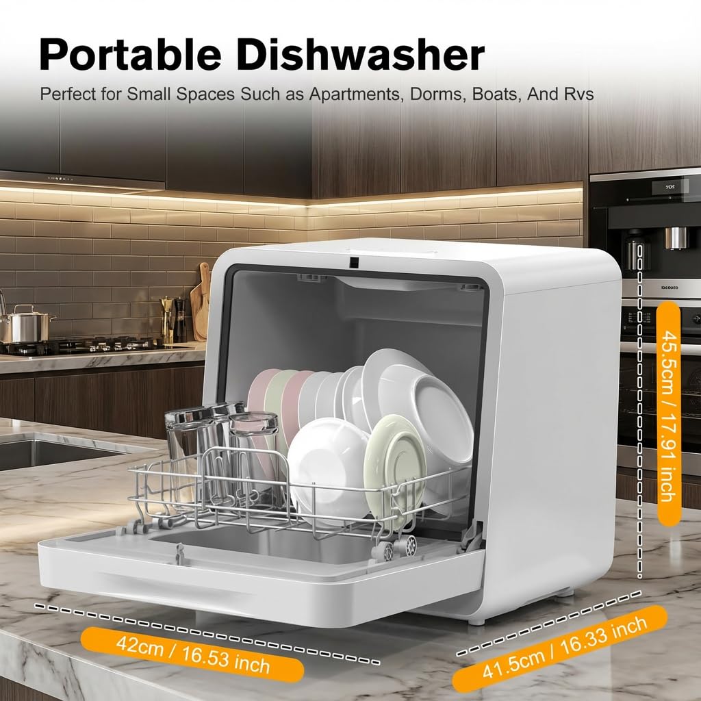 MOMOKOVA Portable Countertop Dishwasher with 5L Built-in Water Tank,Upgraded 7 Program & 24H Delayed Wash,360° Dual Spray, 167℉ High-Temp & No Hookup Needed for Home,white (white)