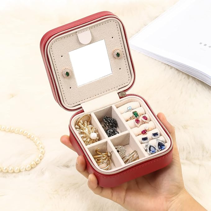 Jewelry Case with Mirror, Small Travel Jewelry Organizer, Portable Jewelry Box Mini Organizer Display Storage Box For Rings Earrings Necklaces (4Color - 4packs)