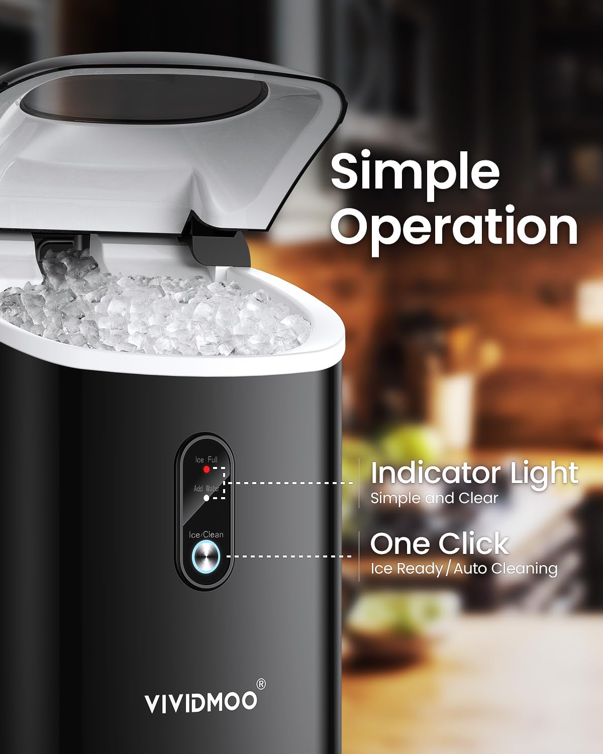 VIVIDMOO Nugget Ice Maker Countertop, 34lbs/Day, Portable Sonic Pebble Ice Maker with Self-Cleaning, Fast Ice in 6 Mins, Compact Crushed Pellet Ice Machine for Home/Office/Kitchen/RV/Camping, Black