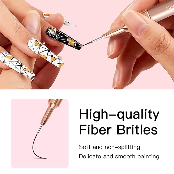 Metallic Nail Art Brushes, 5Pcs Liner Brush Set, UV Gel Polish Painting Art Design Pen for Long Lines, Thin Details, Fine Drawing Sizes 4/8/12/20/25mm(Champagne Gold)
