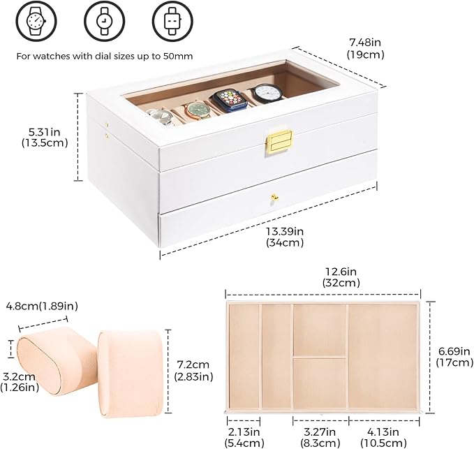 ProCase Watch Box, 12 Slot Mens Watch Case With Drawer, 2-Layer Watch Display Case With Glass Lid, Mens Jewelry Box Storage Holder Organizer, Birthday Valentine Gifts for Men -12Slot, White