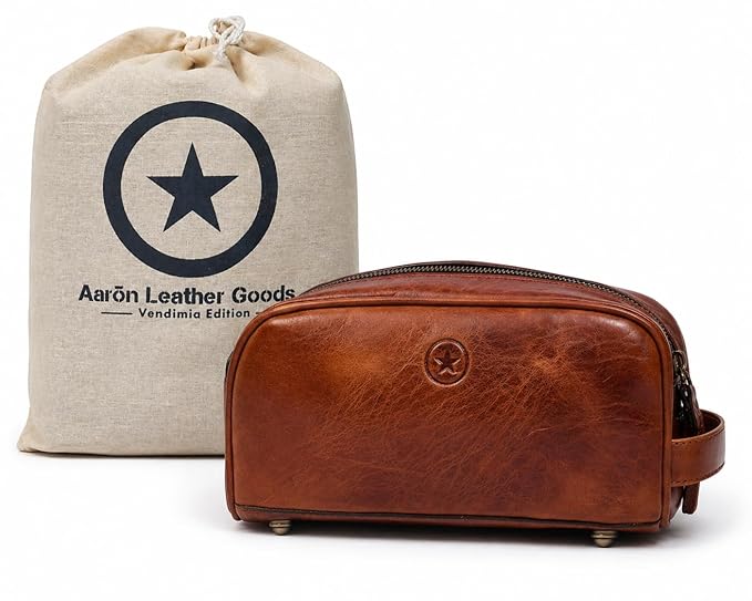 10" Premium Leather Toiletry Travel Pouch With Waterproof Lining | King-Size Handcrafted Vintage Dopp kit By Aaron Leather Goods (Buckthrown Brown)