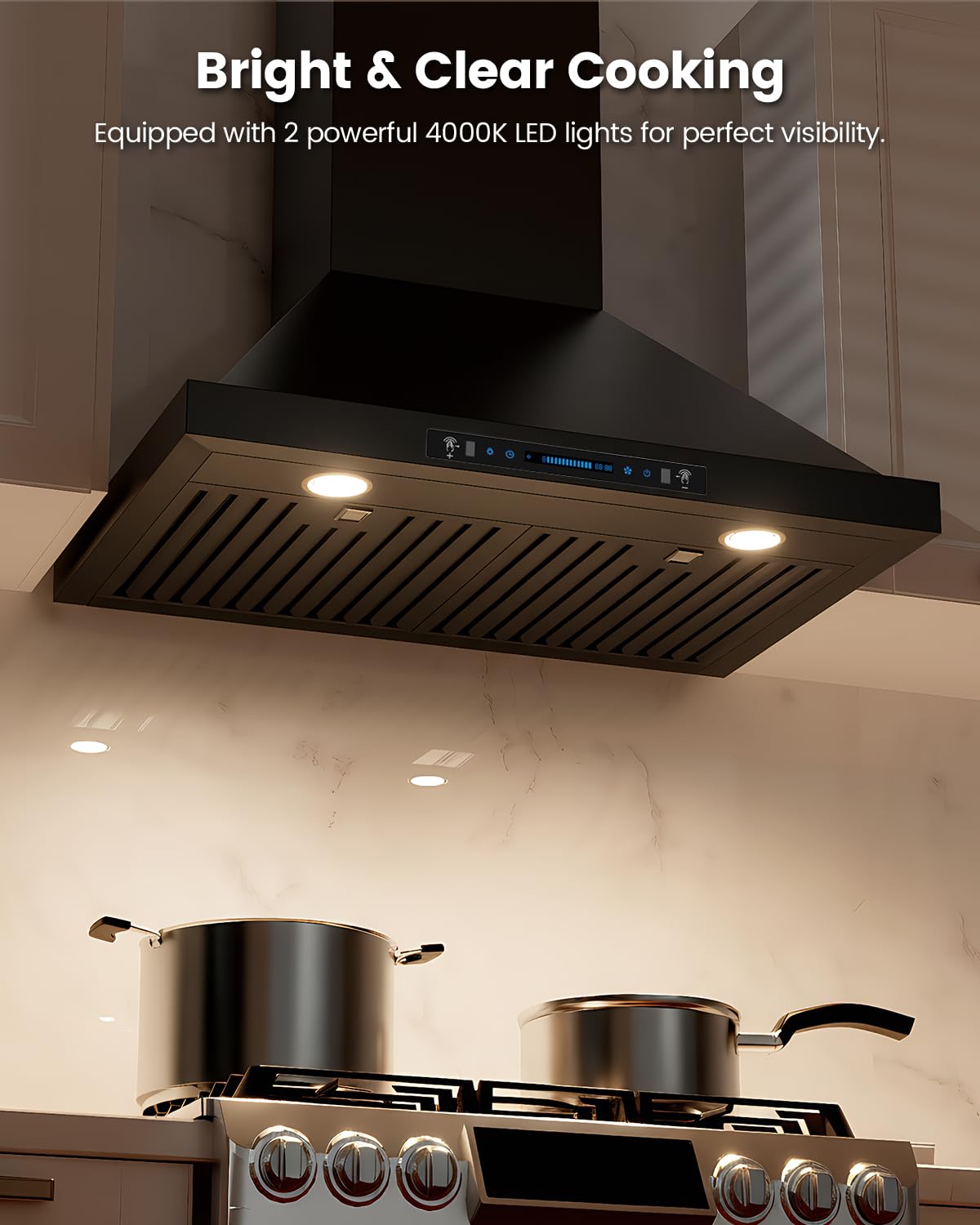JOCO 30 Inch Black Wall Mount Range Hood, 900 CFM Stainless Steel Kitchen Chimney Vent Hood, Convertible for Ducted or Ductless Installation, 4-Speed Gesture/Touch/Remote Control P02-30G-B